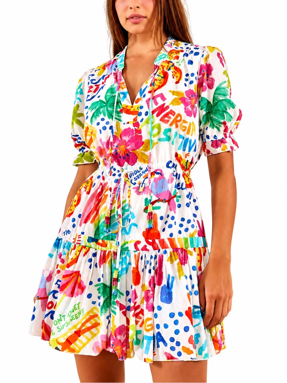 Farm Rio White Good Vibes Mini Dress Colorful Resort Wear Beach Size Medium